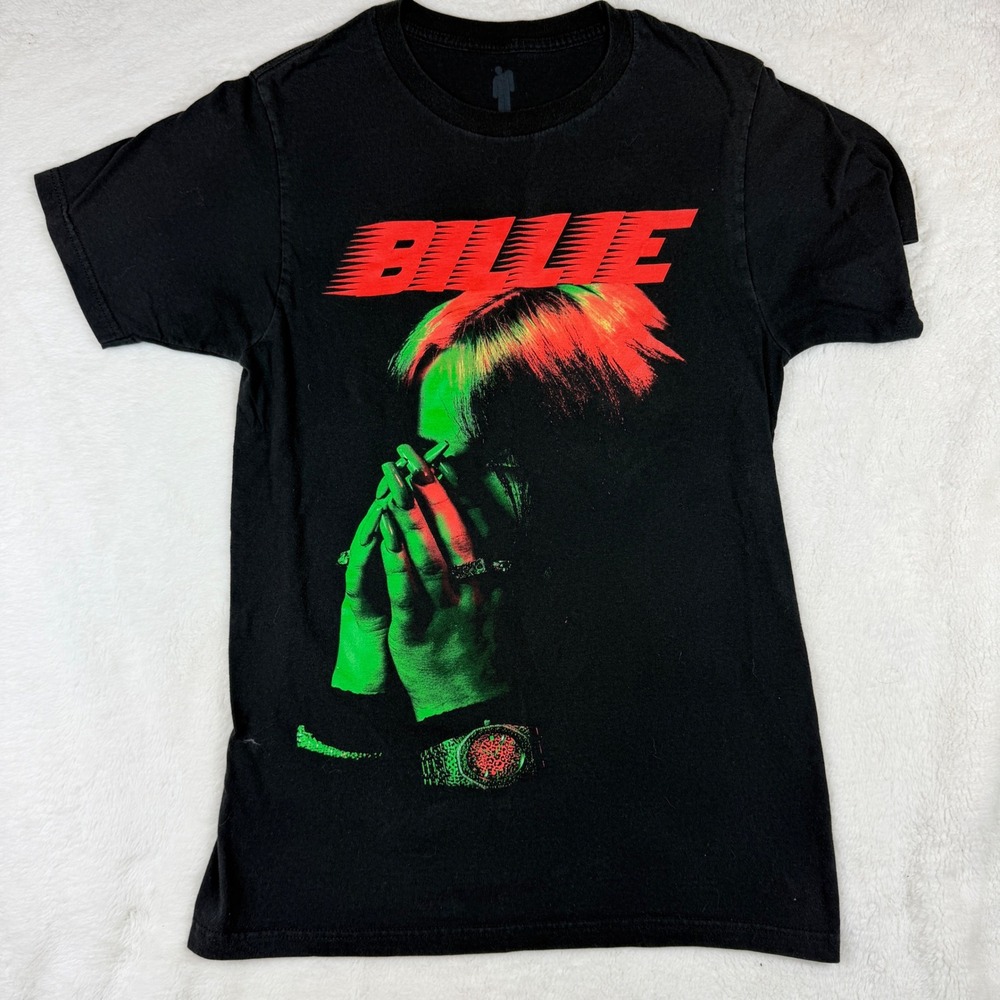 Billie Eilish Official Graphic T-Shirt Black Neon Green Red Logo Mens Small S